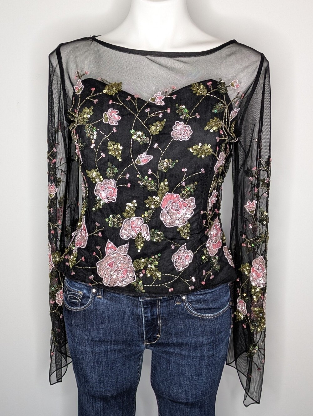 Xscape Black Pink Floral Beaded Sheer Long Sleeve Sweetheart Neck Evening Top 10